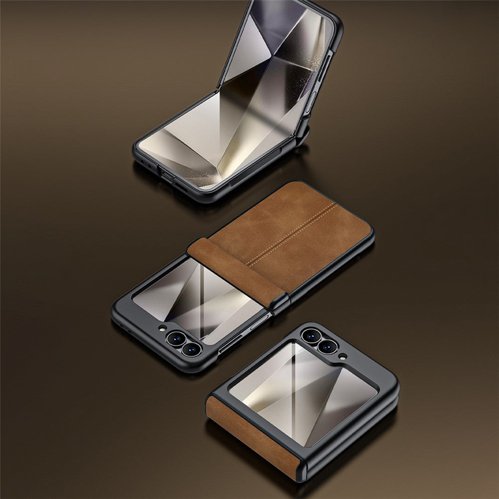 For Samsung Galaxy Z Flip7 FE 5G / Z Flip6 5G Case Hinge Leather+PC Phone Cover with Rear Screen Film - Black