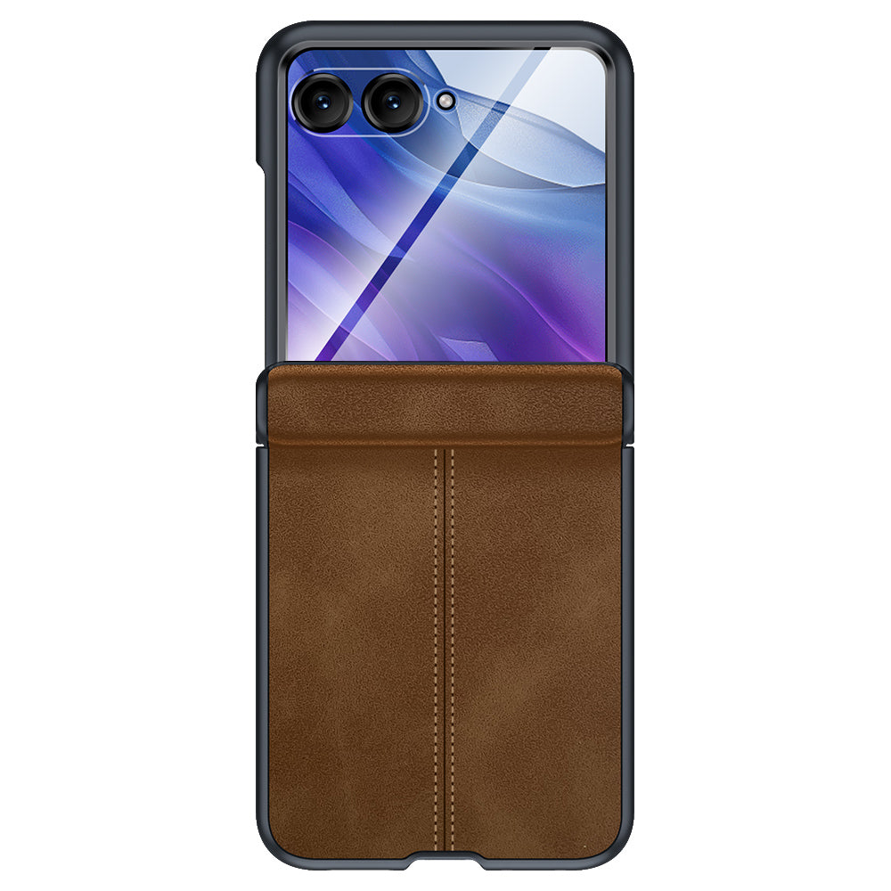 For Motorola Razr 50 Ultra 5G Case Leather Hard PC Phone Cover with Rear Screen Film / Hinge - Brown