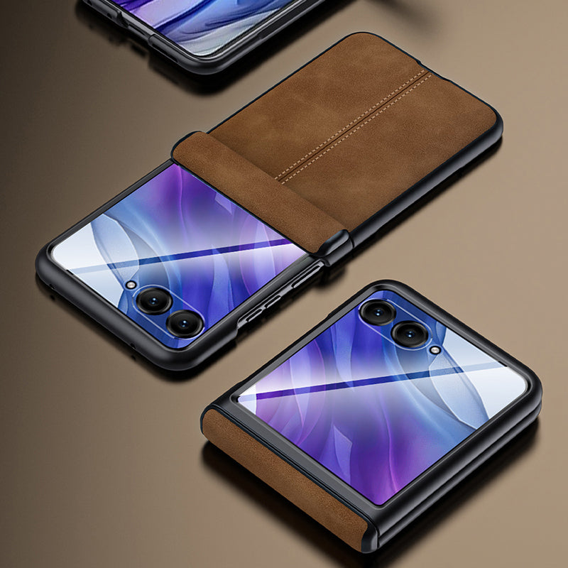 For Motorola Razr 50 Ultra 5G Case Leather Hard PC Phone Cover with Rear Screen Film / Hinge - Brown