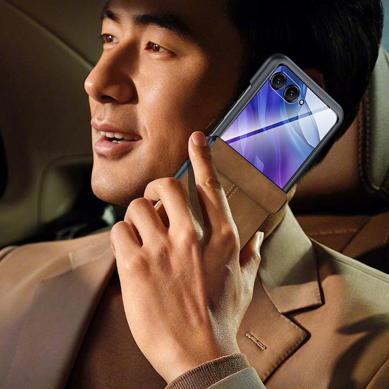 For Motorola Razr 50 Ultra 5G Case Leather Hard PC Phone Cover with Rear Screen Film / Hinge - Brown