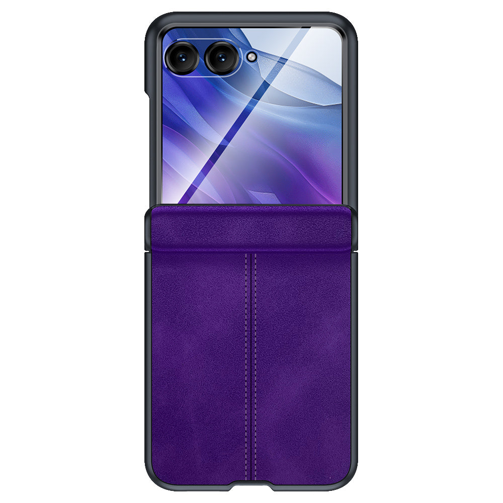 For Motorola Razr 50 Ultra 5G Case Leather Hard PC Phone Cover with Rear Screen Film / Hinge - Purple