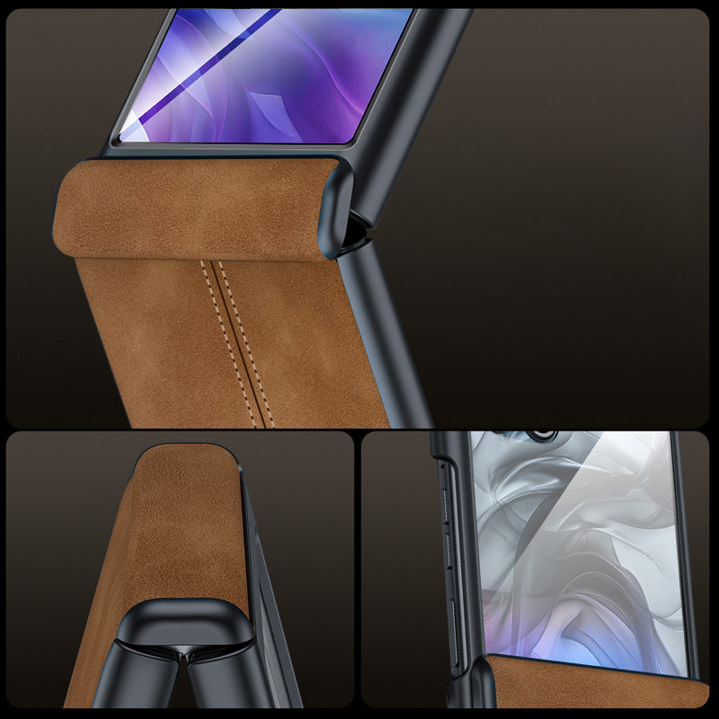 For Motorola Razr 50 Ultra 5G Case Leather Hard PC Phone Cover with Rear Screen Film / Hinge - Purple