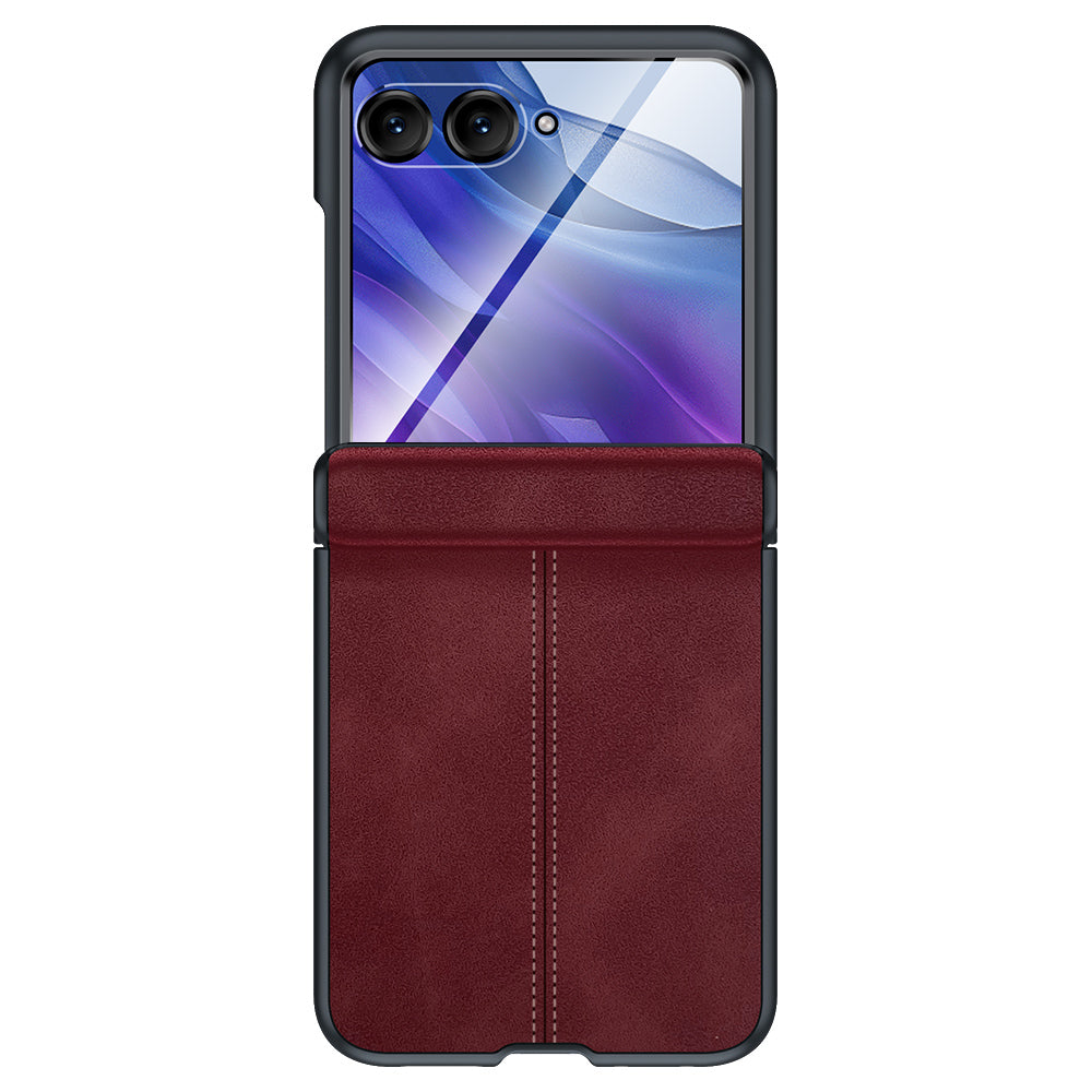 For Motorola Razr 50 Ultra 5G Case Leather Hard PC Phone Cover with Rear Screen Film / Hinge - Wine Red