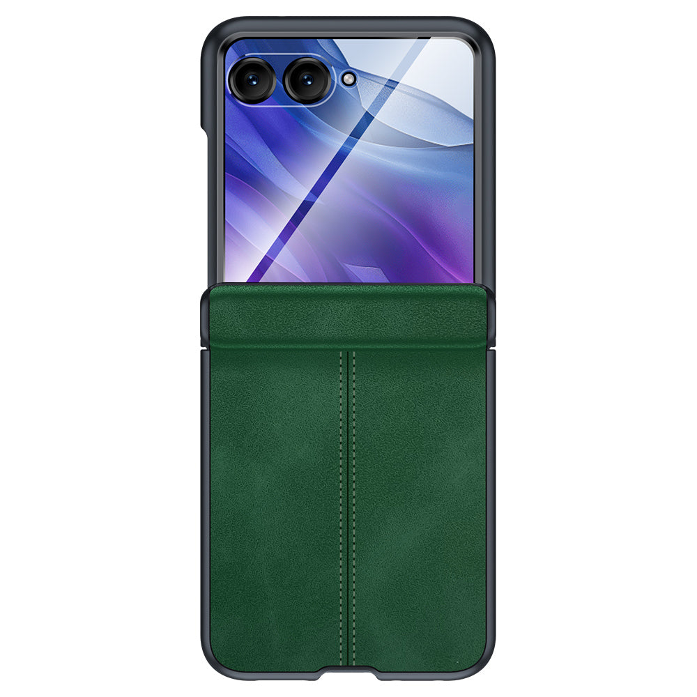 For Motorola Razr 50 Ultra 5G Case Leather Hard PC Phone Cover with Rear Screen Film / Hinge - Green
