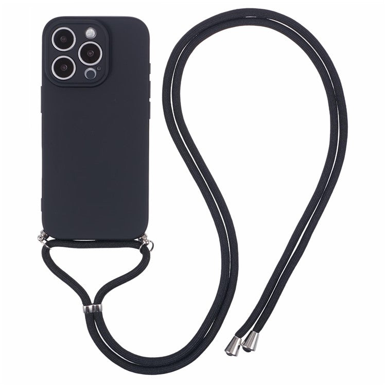 For iPhone 16 Pro Crossbody Case Flexible TPU Fiber Lining Anti-Shock Phone Cover - Black