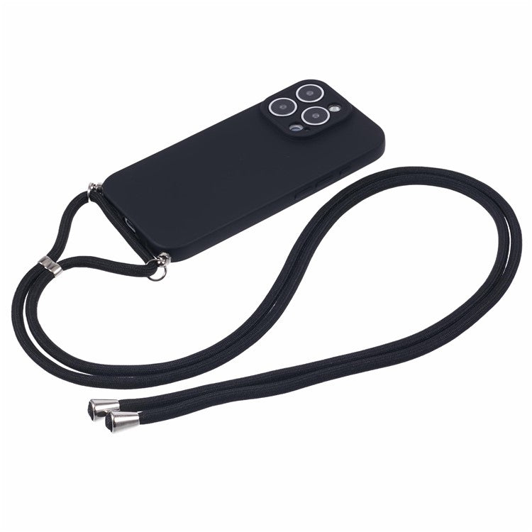 For iPhone 16 Pro Crossbody Case Flexible TPU Fiber Lining Anti-Shock Phone Cover - Black