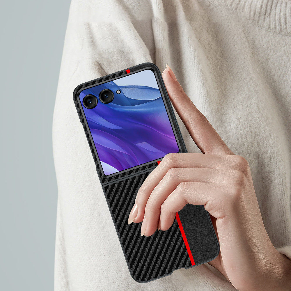 For Motorola Razr 50 Ultra 5G Case Carbon Fiber Texture Anti-Drop PC Phone Cover - Splicing Red
