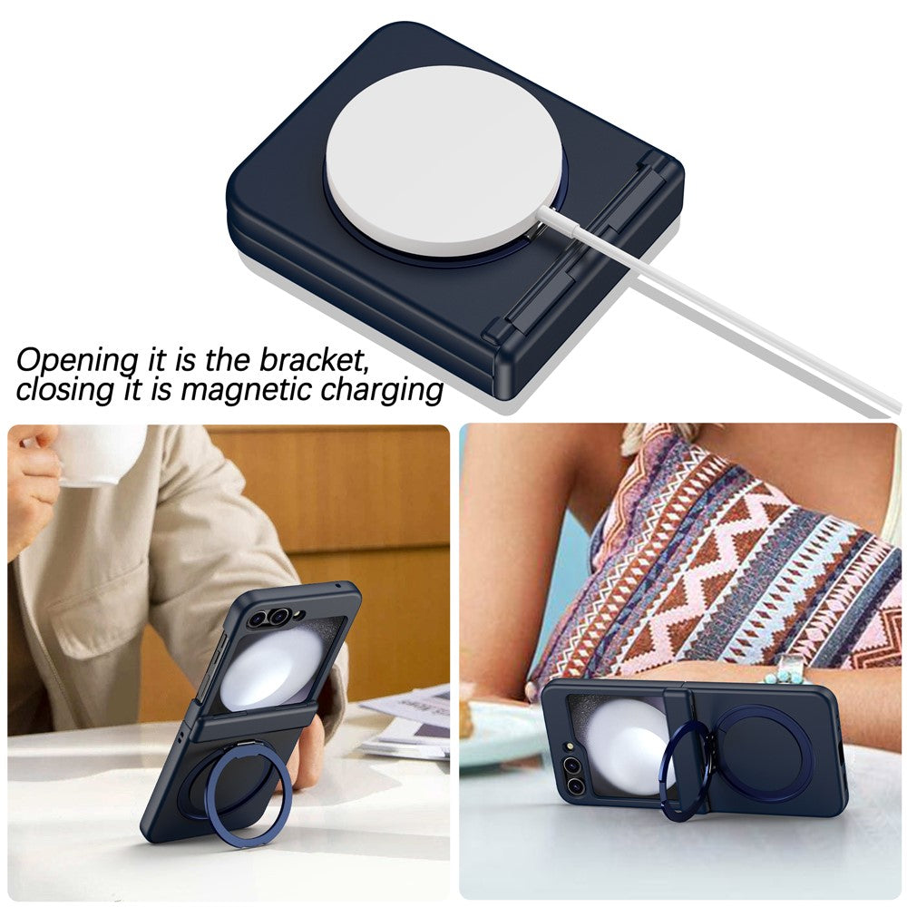 For Samsung Galaxy Z Flip7 FE 5G / Z Flip6 5G Case Magnetic Ring Holder PC+TPU Phone Cover - Navy Blue