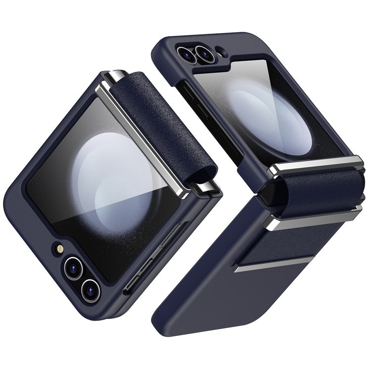 For Samsung Galaxy Z Flip5 5G PC Case Hardware Leather Hinge Phone Cover - Dark Blue+Silver