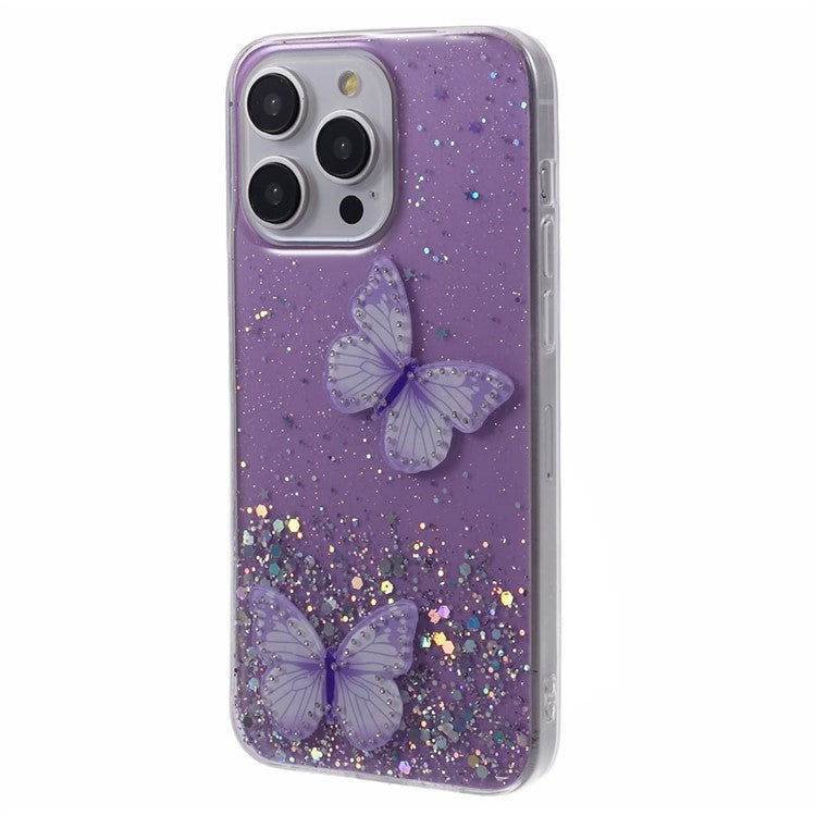 AW Series For iPhone 16 Pro Case Epoxy 3D Butterfly TPU Sparkly Glitter Star Phone Cover - Purple