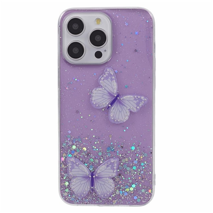 AW Series For iPhone 16 Pro Case Epoxy 3D Butterfly TPU Sparkly Glitter Star Phone Cover - Purple