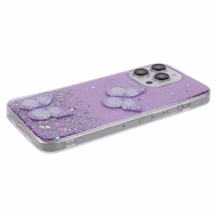 AW Series For iPhone 16 Pro Case Epoxy 3D Butterfly TPU Sparkly Glitter Star Phone Cover - Purple