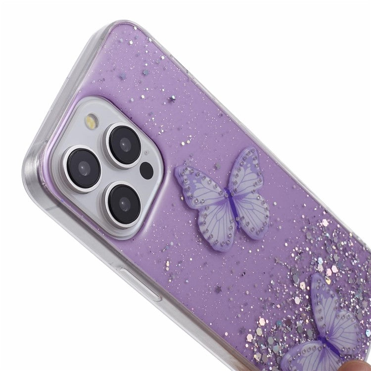 AW Series For iPhone 16 Pro Case Epoxy 3D Butterfly TPU Sparkly Glitter Star Phone Cover - Purple