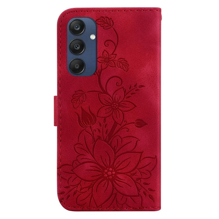 For Samsung Galaxy M35 5G Stand Case Lily Flower Imprint Leather Phone Cover - Red