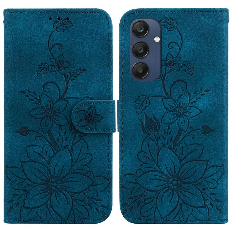 For Samsung Galaxy M35 5G Stand Case Lily Flower Imprint Leather Phone Cover - Dark Blue