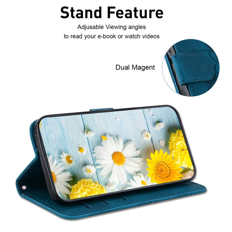For Samsung Galaxy M35 5G Stand Case Lily Flower Imprint Leather Phone Cover - Dark Blue