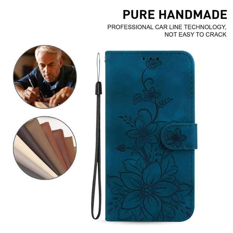 For Samsung Galaxy M35 5G Stand Case Lily Flower Imprint Leather Phone Cover - Dark Blue