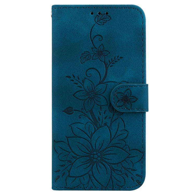 For Samsung Galaxy M35 5G Stand Case Lily Flower Imprint Leather Phone Cover - Dark Blue