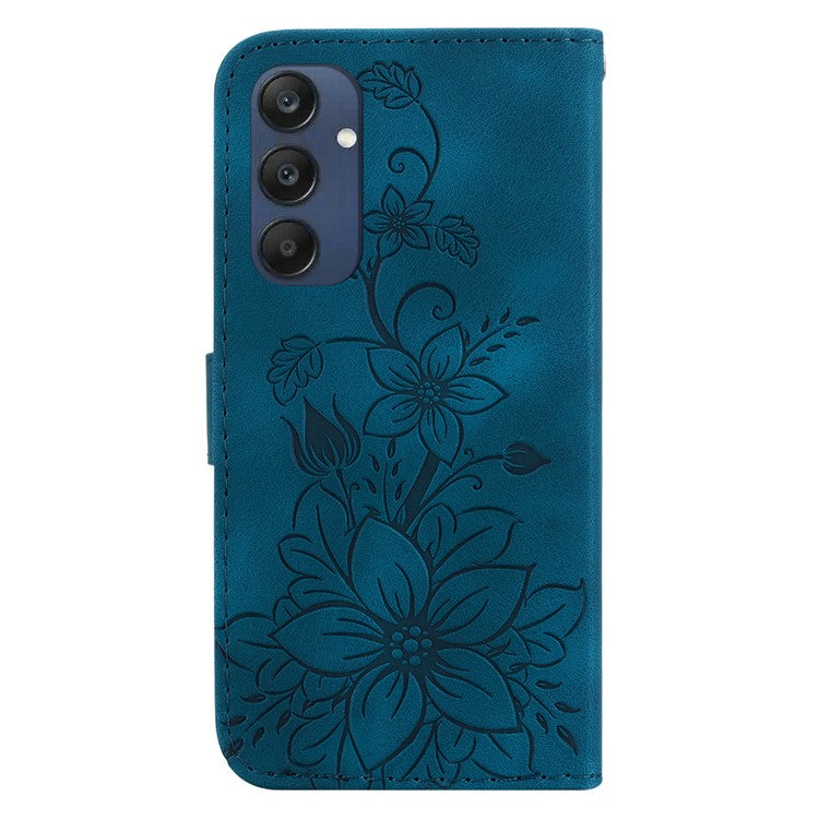 For Samsung Galaxy M35 5G Stand Case Lily Flower Imprint Leather Phone Cover - Dark Blue