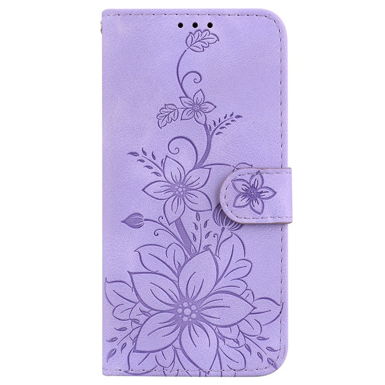 For Samsung Galaxy M35 5G Stand Case Lily Flower Imprint Leather Phone Cover - Purple