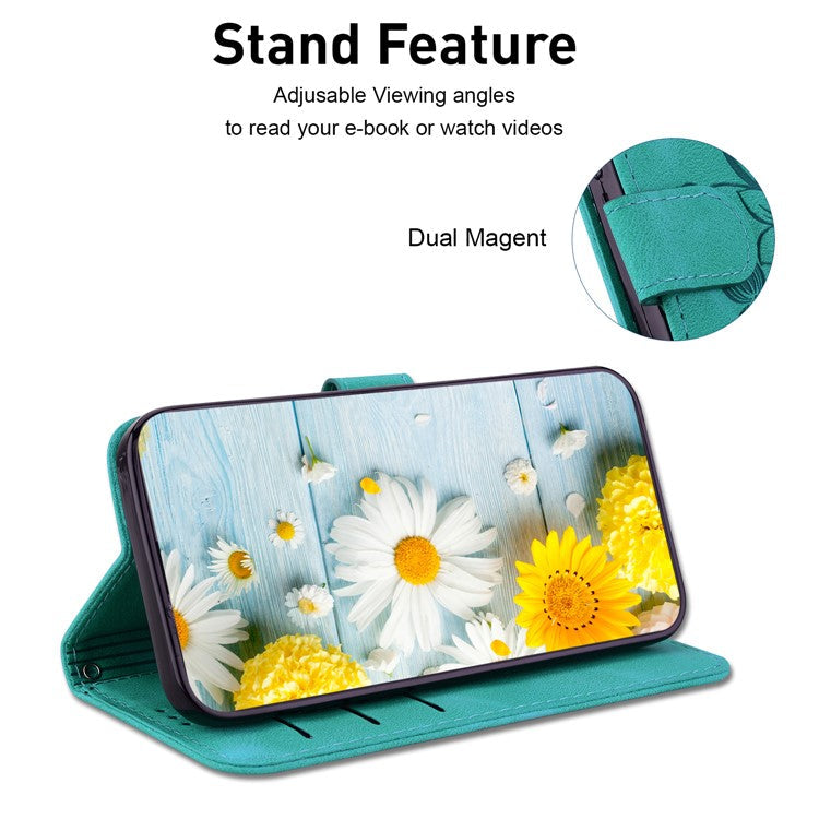 For Samsung Galaxy M35 5G Stand Case Lily Flower Imprint Leather Phone Cover - Green