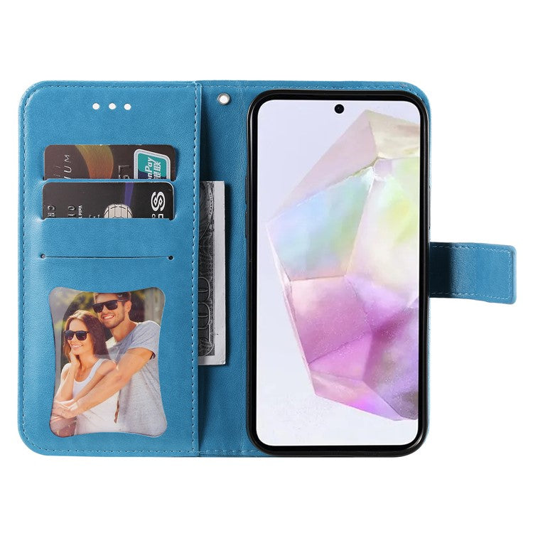For Samsung Galaxy M35 5G Case Floral Pattern PU Leather Wallet Stand Phone Cover - Blue