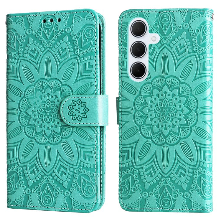 For Samsung Galaxy M35 5G Wallet Case PU Leather Sunflower Phone Cover Stand View - Green