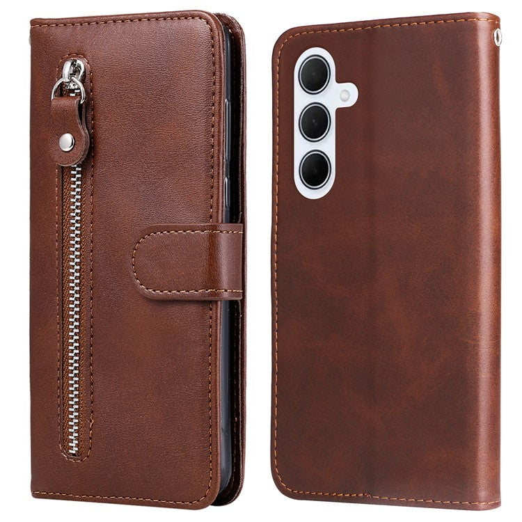 For Samsung Galaxy M35 5G Case Zipper Wallet PU Leather Stand Phone Cover - Brown