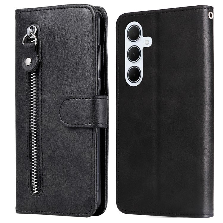 For Samsung Galaxy M35 5G Case Zipper Wallet PU Leather Stand Phone Cover - Black