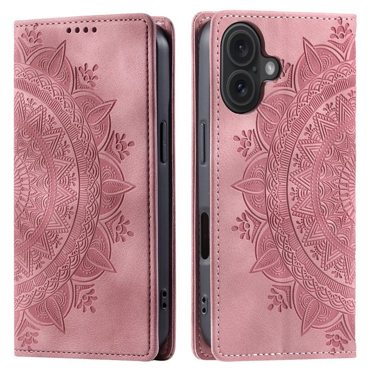 Style-010 For iPhone 16 Plus Case Imprinted Leather Phone Cover Magnetic Auto Closing - Rose Gold