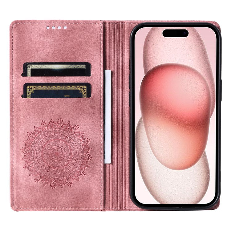 Style-010 For iPhone 16 Plus Case Imprinted Leather Phone Cover Magnetic Auto Closing - Rose Gold