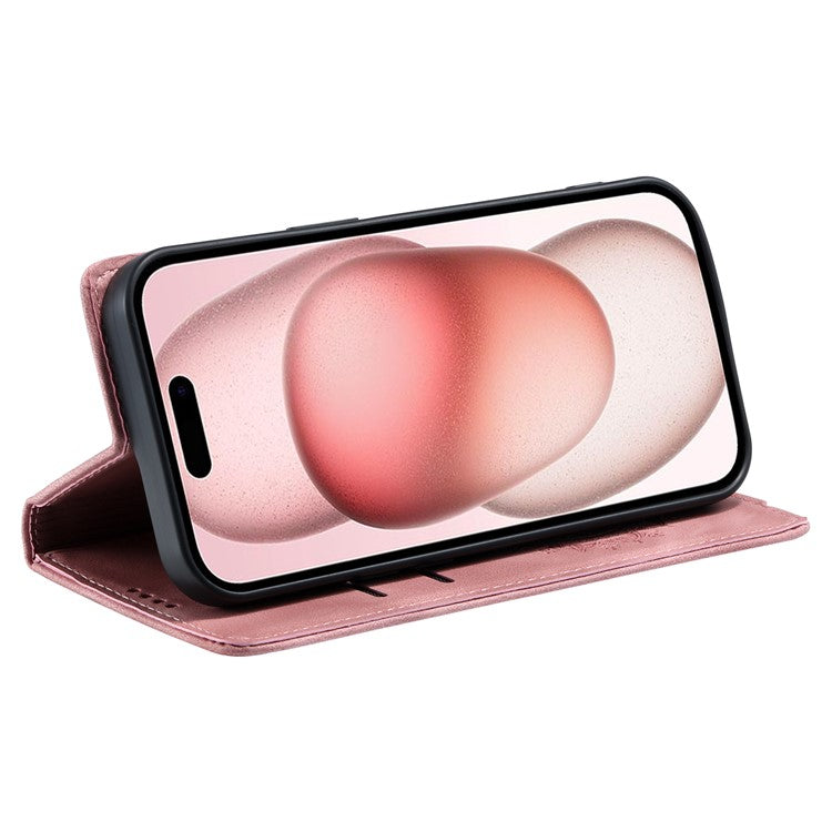 Style-010 For iPhone 16 Plus Case Imprinted Leather Phone Cover Magnetic Auto Closing - Rose Gold