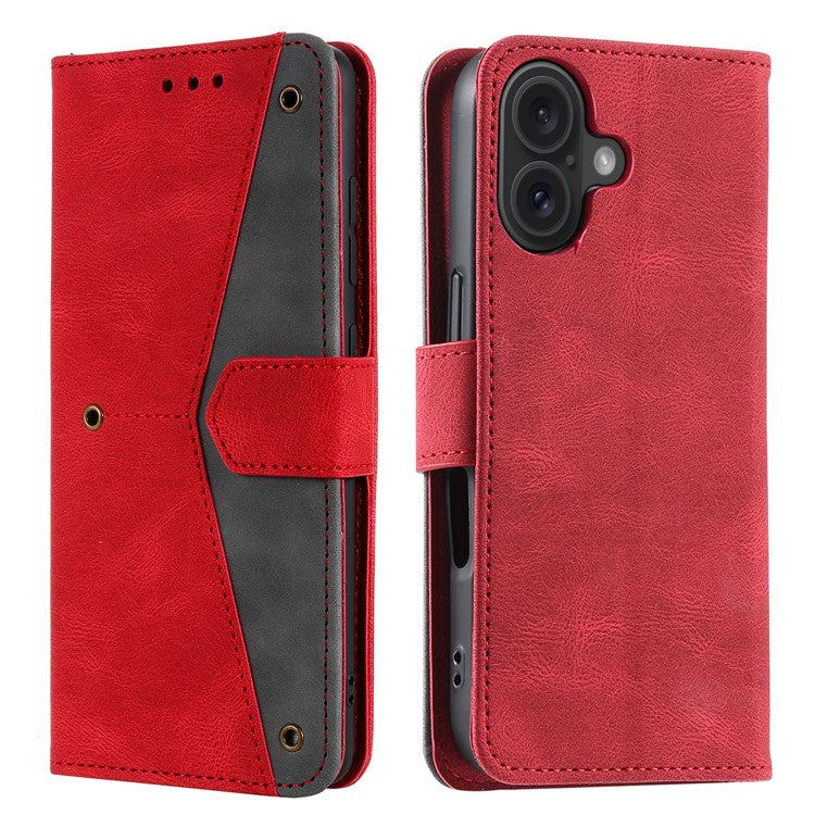 For iPhone 16 Protective Case Splicing Stitching Leather Flip Phone Cover - Red