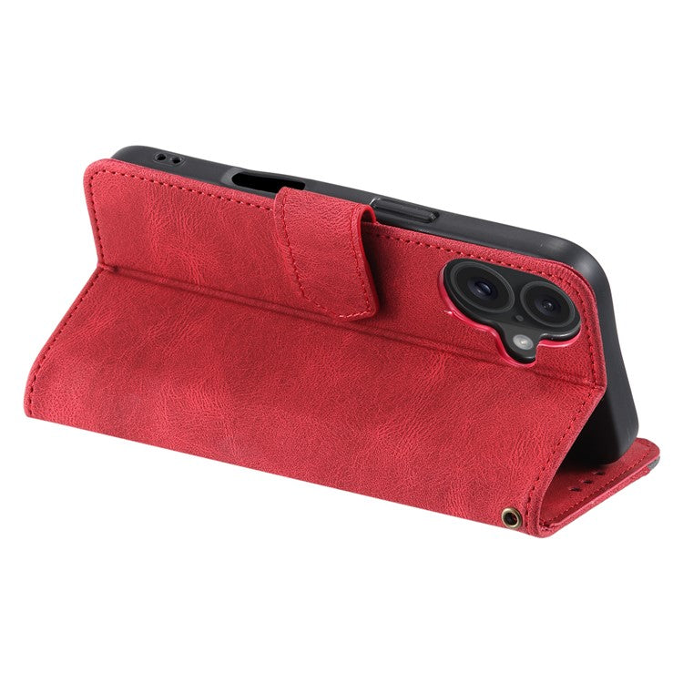 For iPhone 16 Protective Case Splicing Stitching Leather Flip Phone Cover - Red