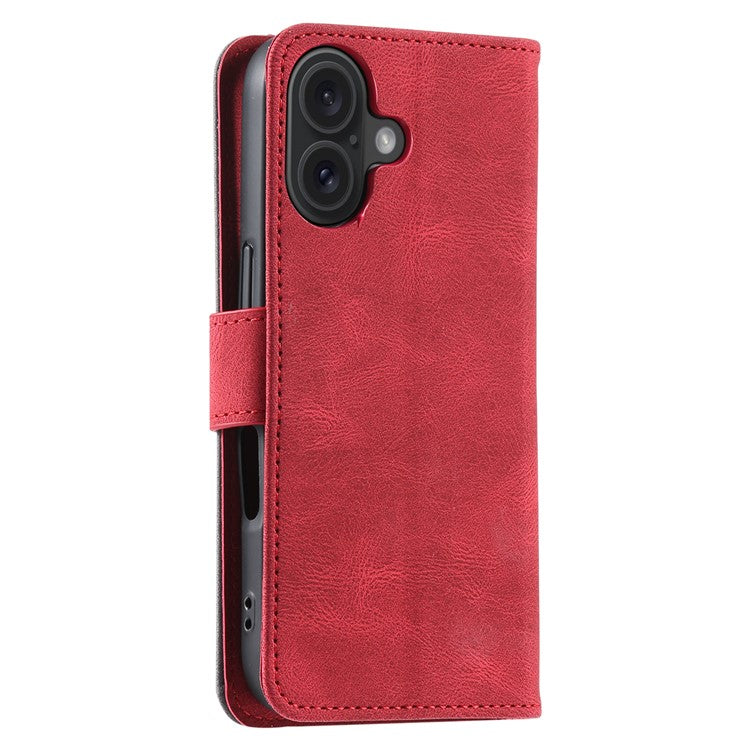 For iPhone 16 Protective Case Splicing Stitching Leather Flip Phone Cover - Red