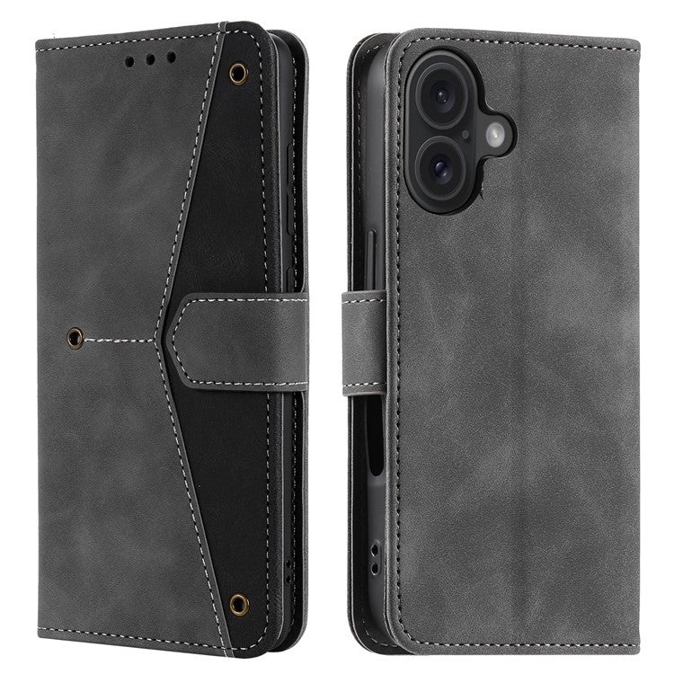 For iPhone 16 Protective Case Splicing Stitching Leather Flip Phone Cover - Grey