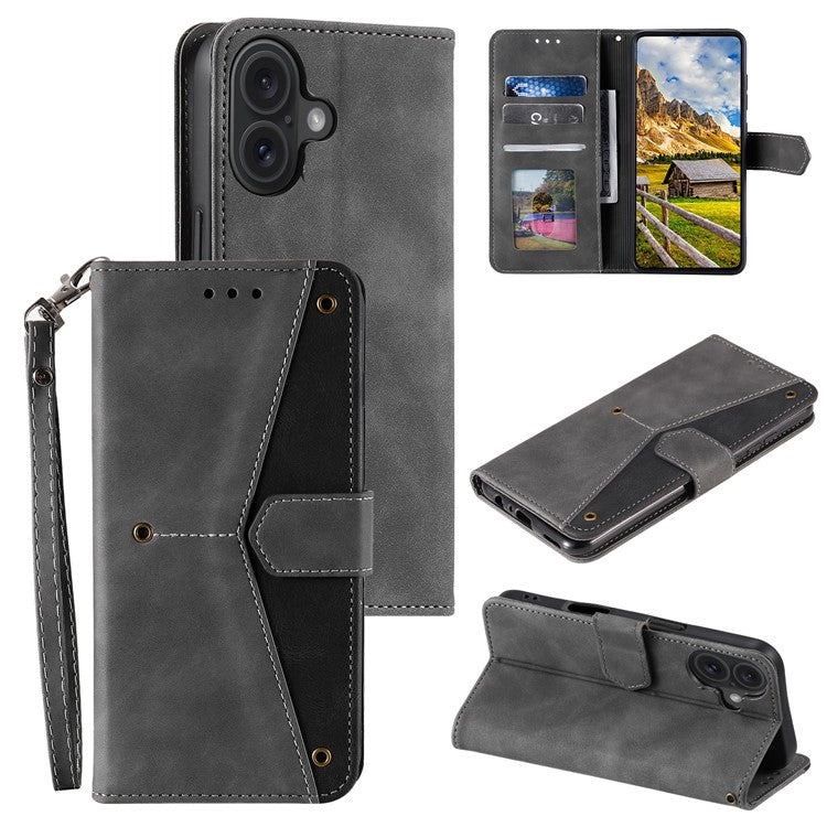 For iPhone 16 Protective Case Splicing Stitching Leather Flip Phone Cover - Grey