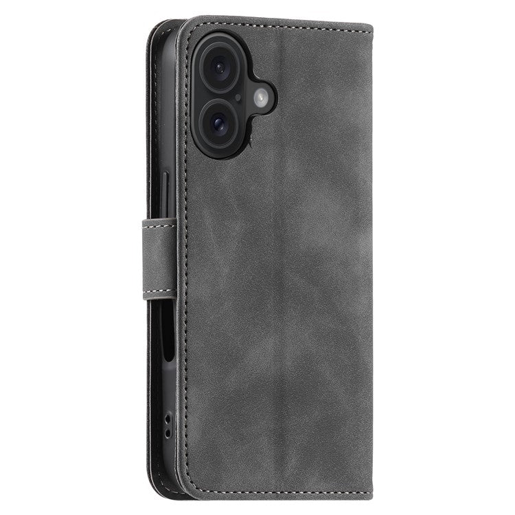 For iPhone 16 Protective Case Splicing Stitching Leather Flip Phone Cover - Grey