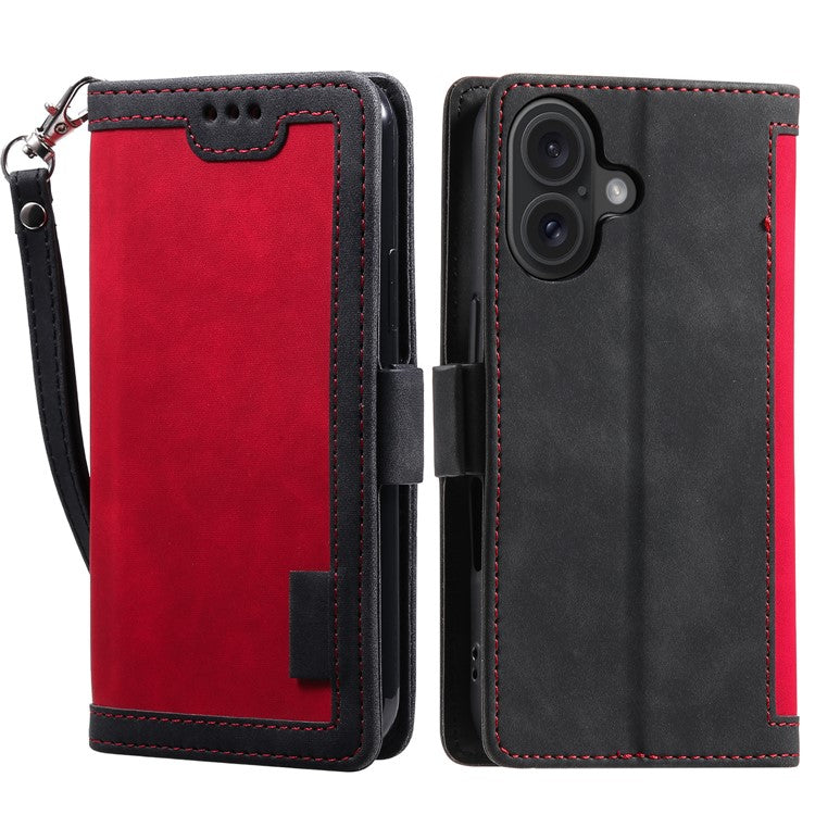 For iPhone 16 Plus Case Full Protection Vintage Splicing Leather Phone Cover - Red