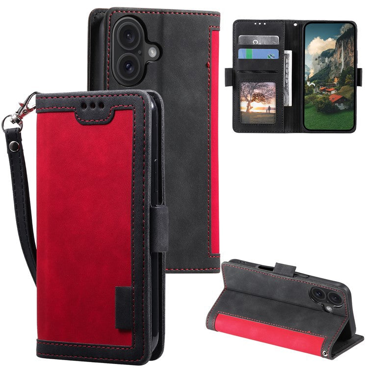 For iPhone 16 Plus Case Full Protection Vintage Splicing Leather Phone Cover - Red