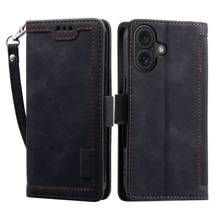 For iPhone 16 Case Vintage Splicing Shockproof Leather Phone Cover - Black