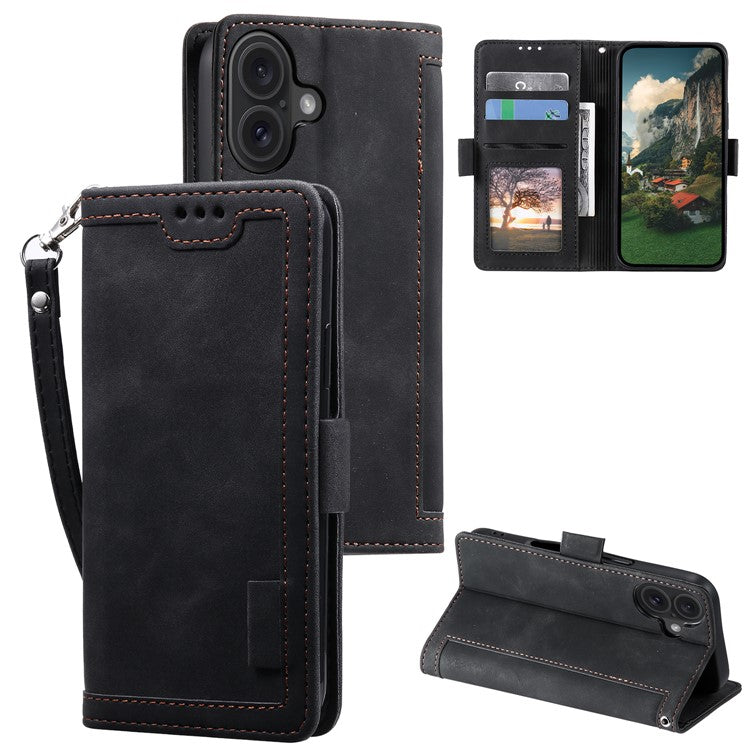 For iPhone 16 Case Vintage Splicing Shockproof Leather Phone Cover - Black