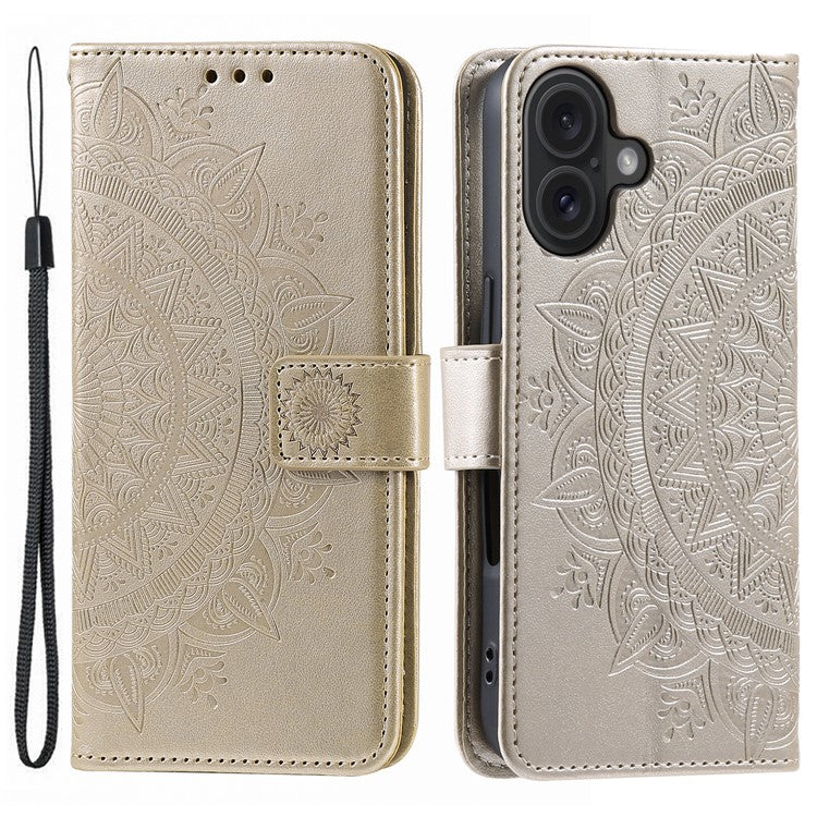 For iPhone 16 Plus Wallet Case Imprinted Totem PU Leather Stand Phone Cover - Gold