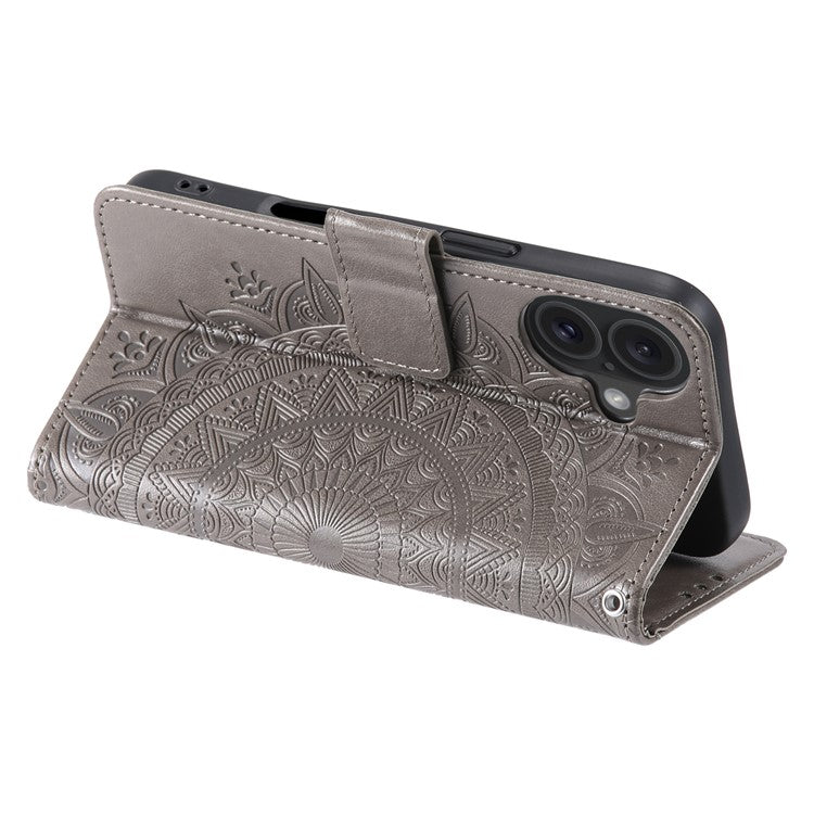 For iPhone 16 Plus Wallet Case Imprinted Totem PU Leather Stand Phone Cover - Grey