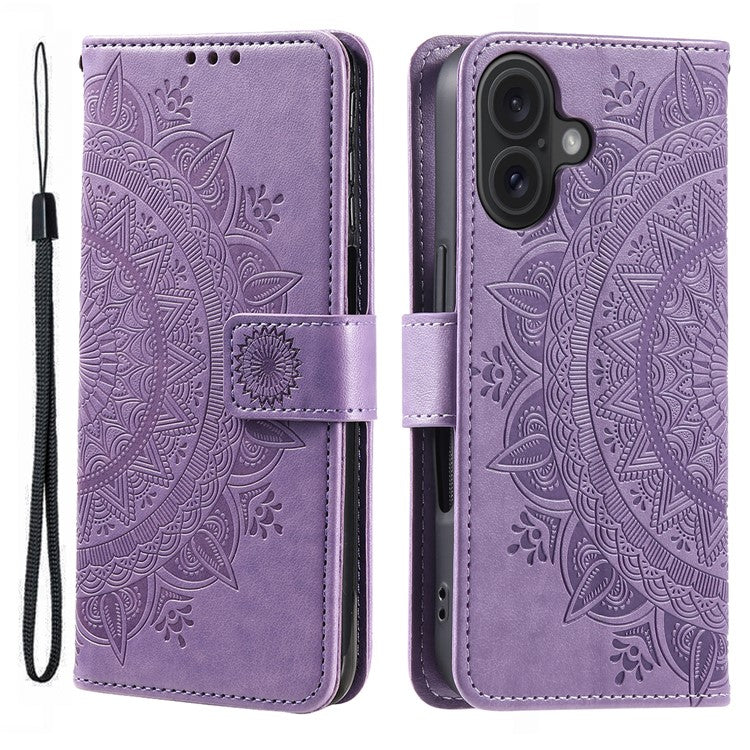 For iPhone 16 Stand Case PU Leather Wallet Phone Cover Totem Imprinted - Purple