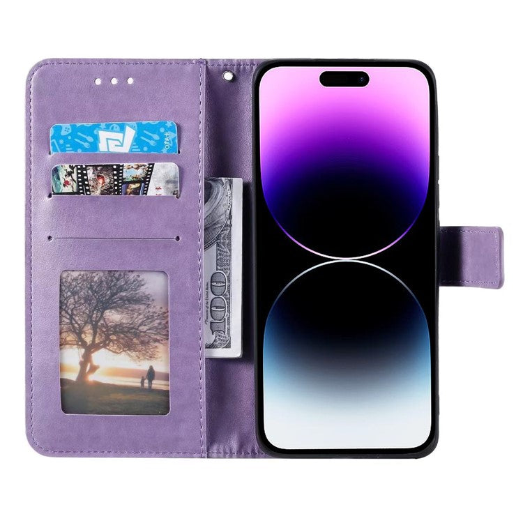 For iPhone 16 Stand Case PU Leather Wallet Phone Cover Totem Imprinted - Purple