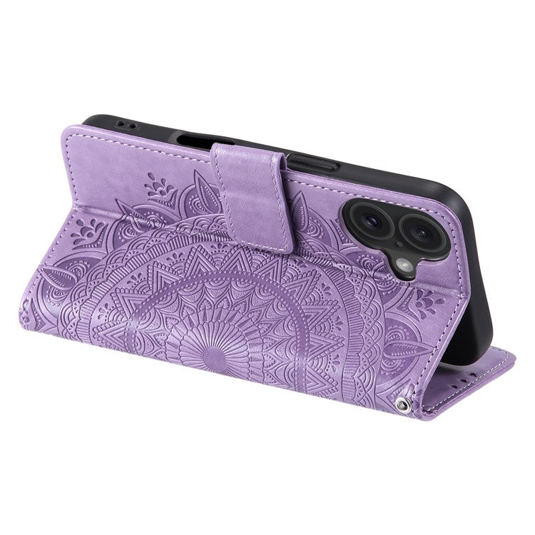For iPhone 16 Stand Case PU Leather Wallet Phone Cover Totem Imprinted - Purple