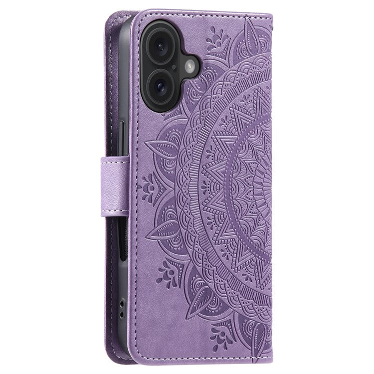 For iPhone 16 Stand Case PU Leather Wallet Phone Cover Totem Imprinted - Purple
