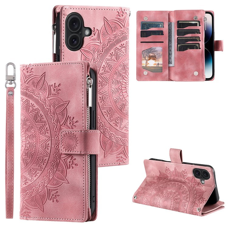 Style 006 For iPhone 16 Plus Case Mandala Flower Pattern PU Leather Zipper Wallet Phone Cover - Rose Gold