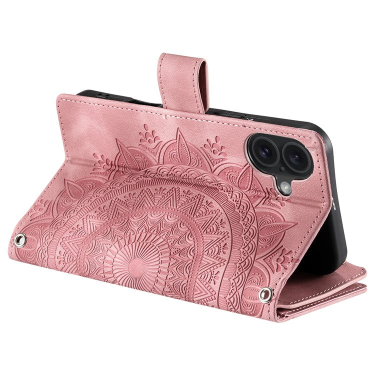Style 006 For iPhone 16 Plus Case Mandala Flower Pattern PU Leather Zipper Wallet Phone Cover - Rose Gold